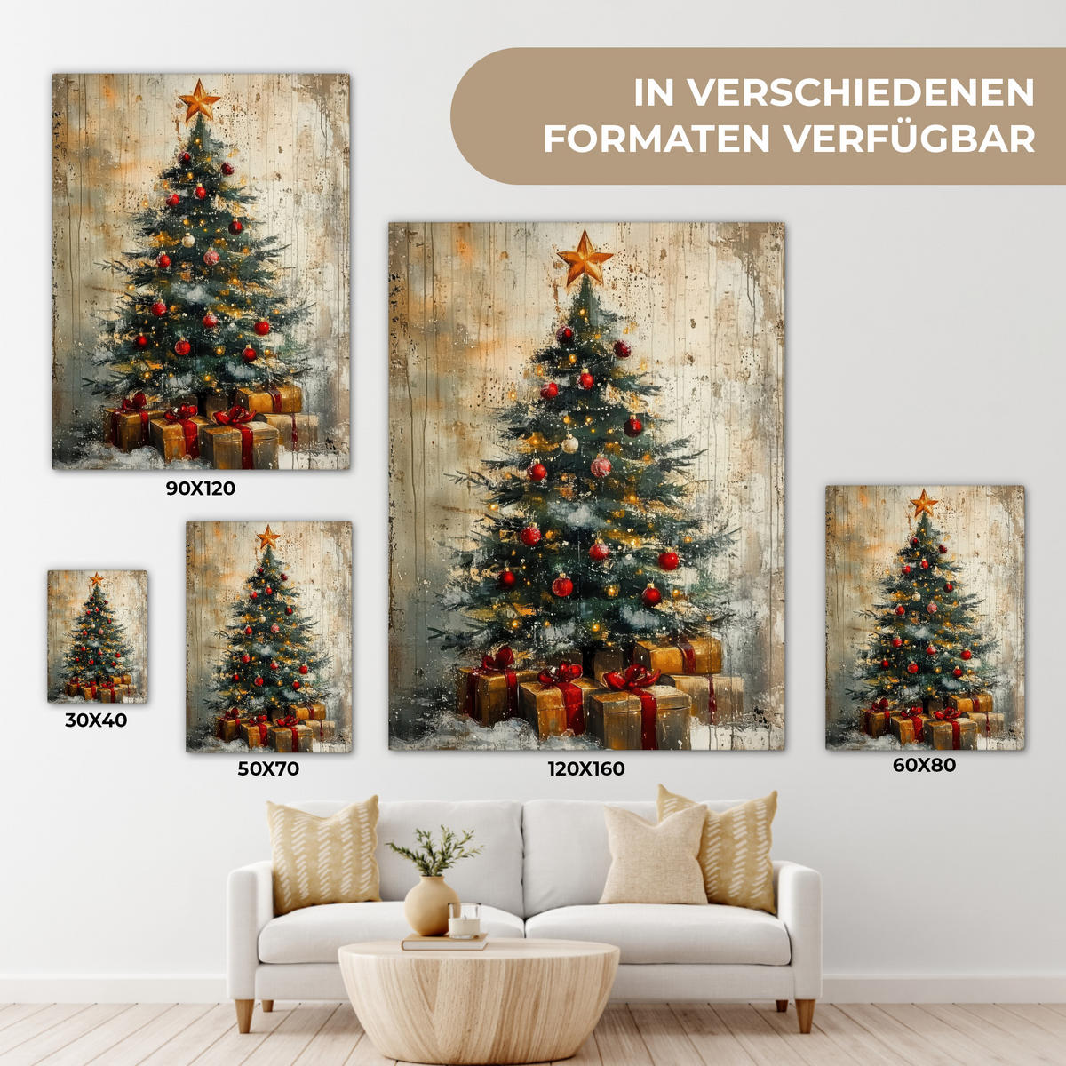 LEINWANDBILD Weihnachtsbaum - Vintage - Weihnachten - Geschenk 30x40 cm - Rostfarben, Textil (30/40cm) - MuchoWow