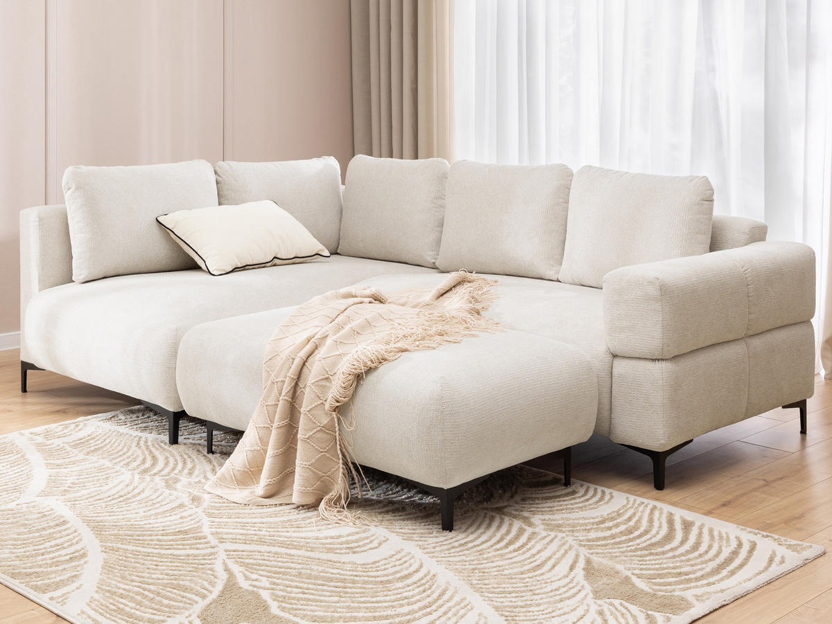 POLSTERHOCKER Cardea in Bubble-Optik aus weichem Creme Strukturstoff mit hohem Sitzkomfort - Creme/Schwarz, Holz/Textil (110/46/65cm) - S-Style Möbel