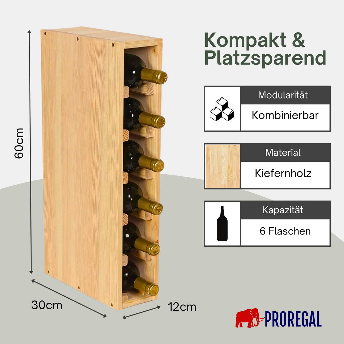 WEINREGAL MODULARES ELSASS 60x12x30cm Schmal Modul für 6 Flaschen - Kieferfarben, Holz (12/60/30cm) - PROREGAL