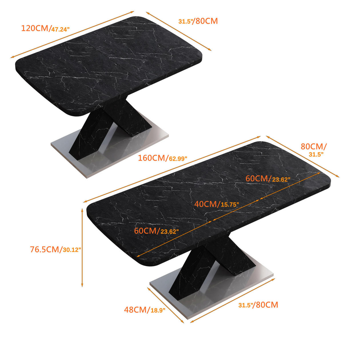 ESSTISCH 160/80/76,5 cm Schwarz mit ausziehbarem Tischplatte aus MDF und X-Beinen aus Metall - Schwarz, Holzwerkstoff (160/80/76.5cm) - OKWISH