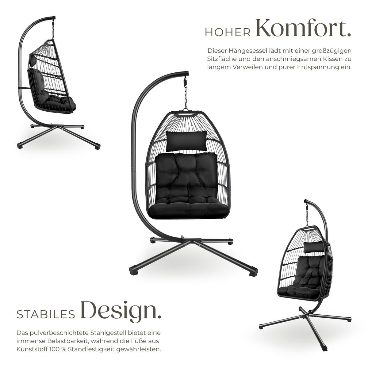 HÄNGESESSEL Ariane,inklusive Schutzhülle, 98 x 107 x 202 cm,schwarz - Schwarz, Kunststoff/Textil (98/202/107cm) - tectake
