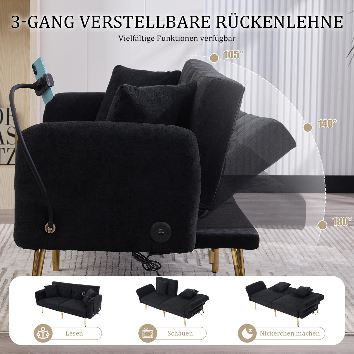 SCHLAFSOFA 2-Sitzer Chenille mit 3-fach verstellbarer Rückenlehne und USB-Anschluss Schwarz 173/78/78 cm - Schwarz, Textil (78/78/173cm)