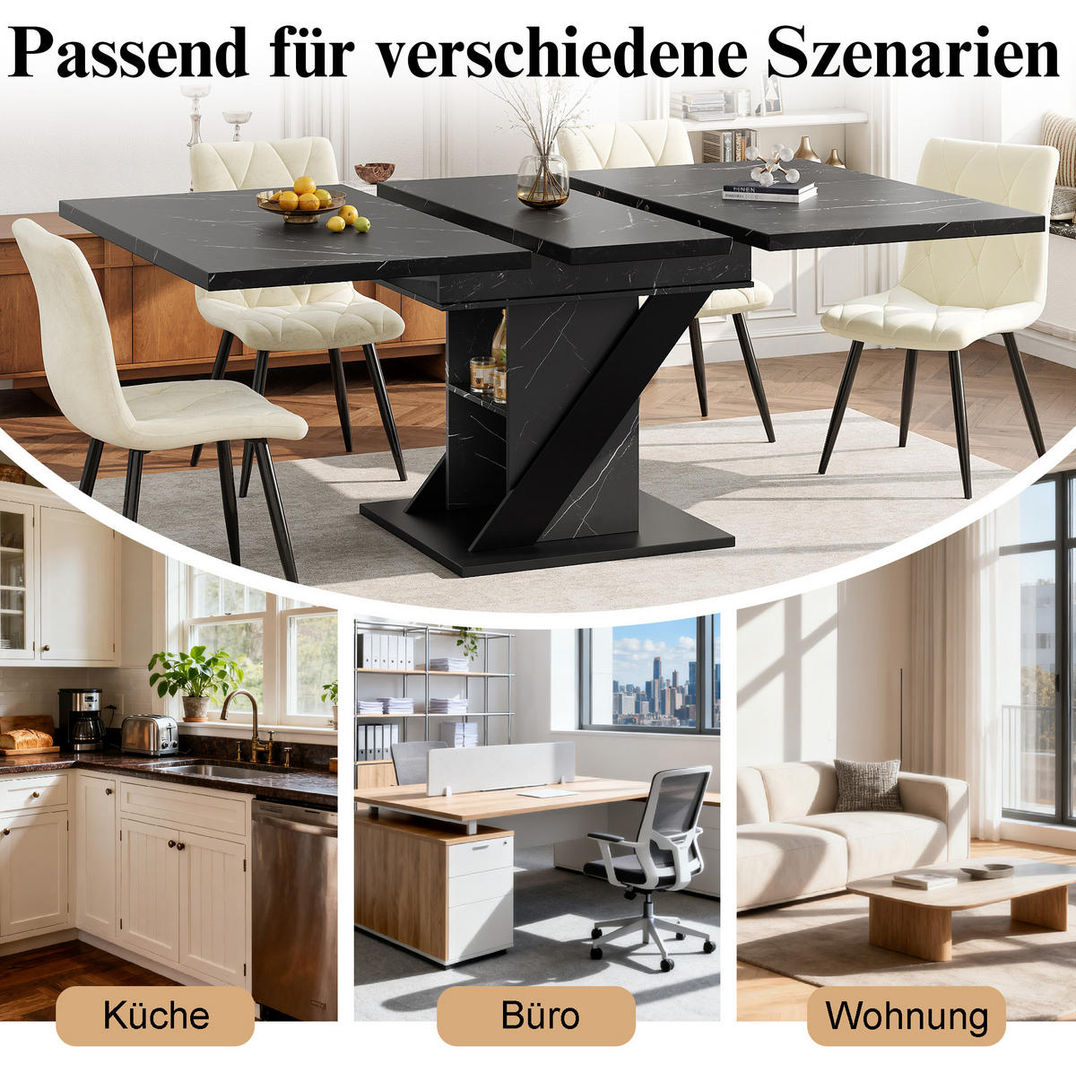 BLAGOVAONSKI stol 110-140/80/75 cm crni od MDF-a na razvlačenje u mramornom izgledu - crna, drvni materijal (110/80/75cm) - OKWISH