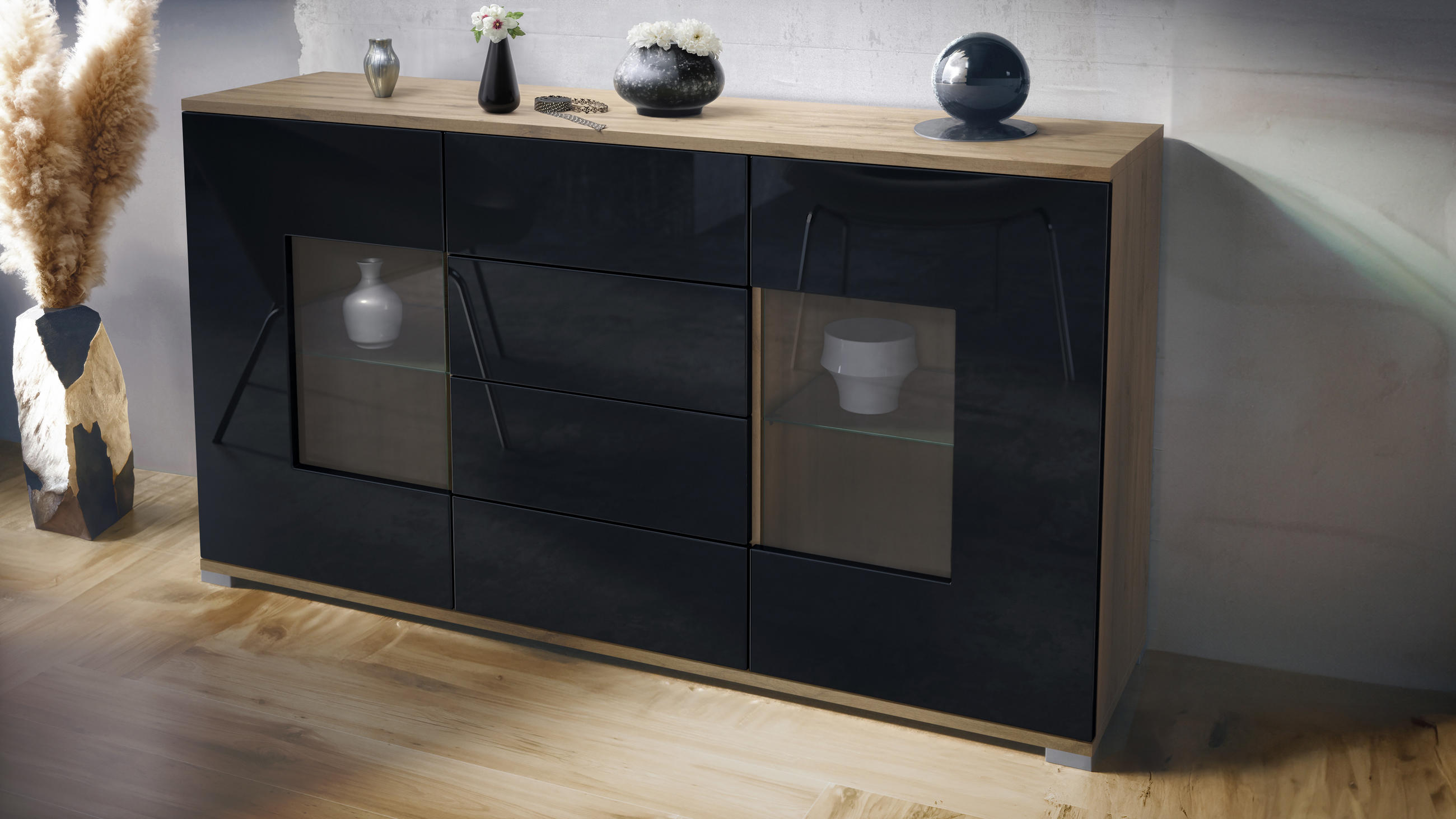 SIDEBOARD Grömitz Schwarz Hochglanz - Schwarz Hochglanz, Holzwerkstoff (138.5/75.5/35cm) - Vladon