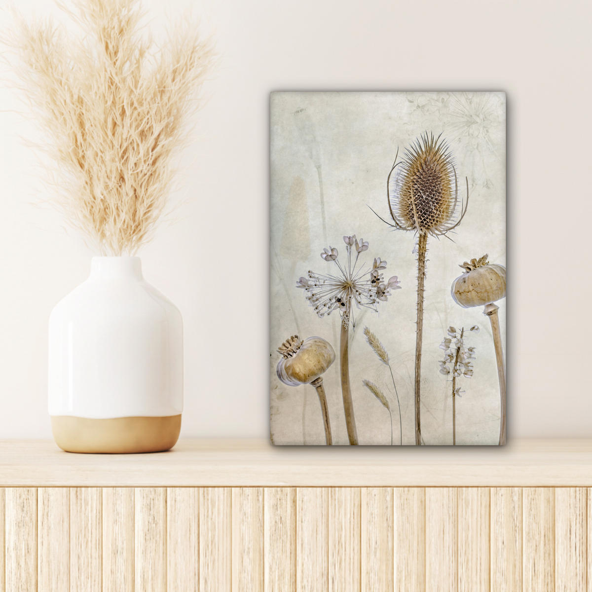LEINWANDBILD Blumen - Aquarell - Stilleben - Braun - Vintage Deko Wohnzimmer 20x30 cm - Beige, Textil (20/30cm) - MuchoWow