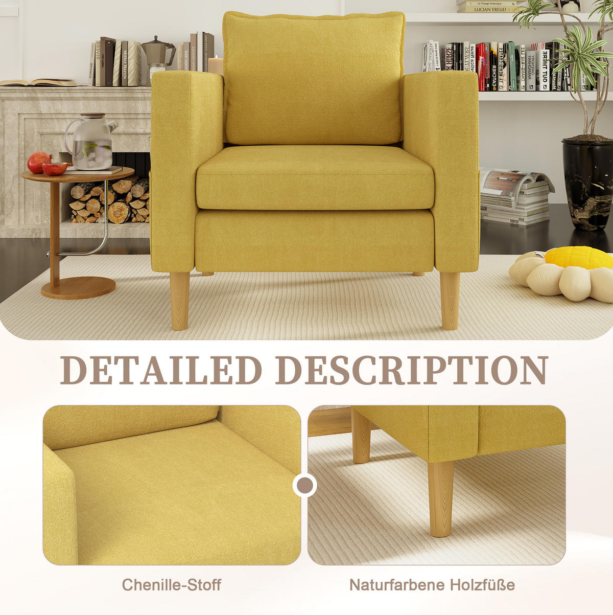 SESSEL 71/68/82 cm in Senfgelb aus Chenille mit Seitentasche - Currygelb, Textil (71/82/68cm) - BEAOK