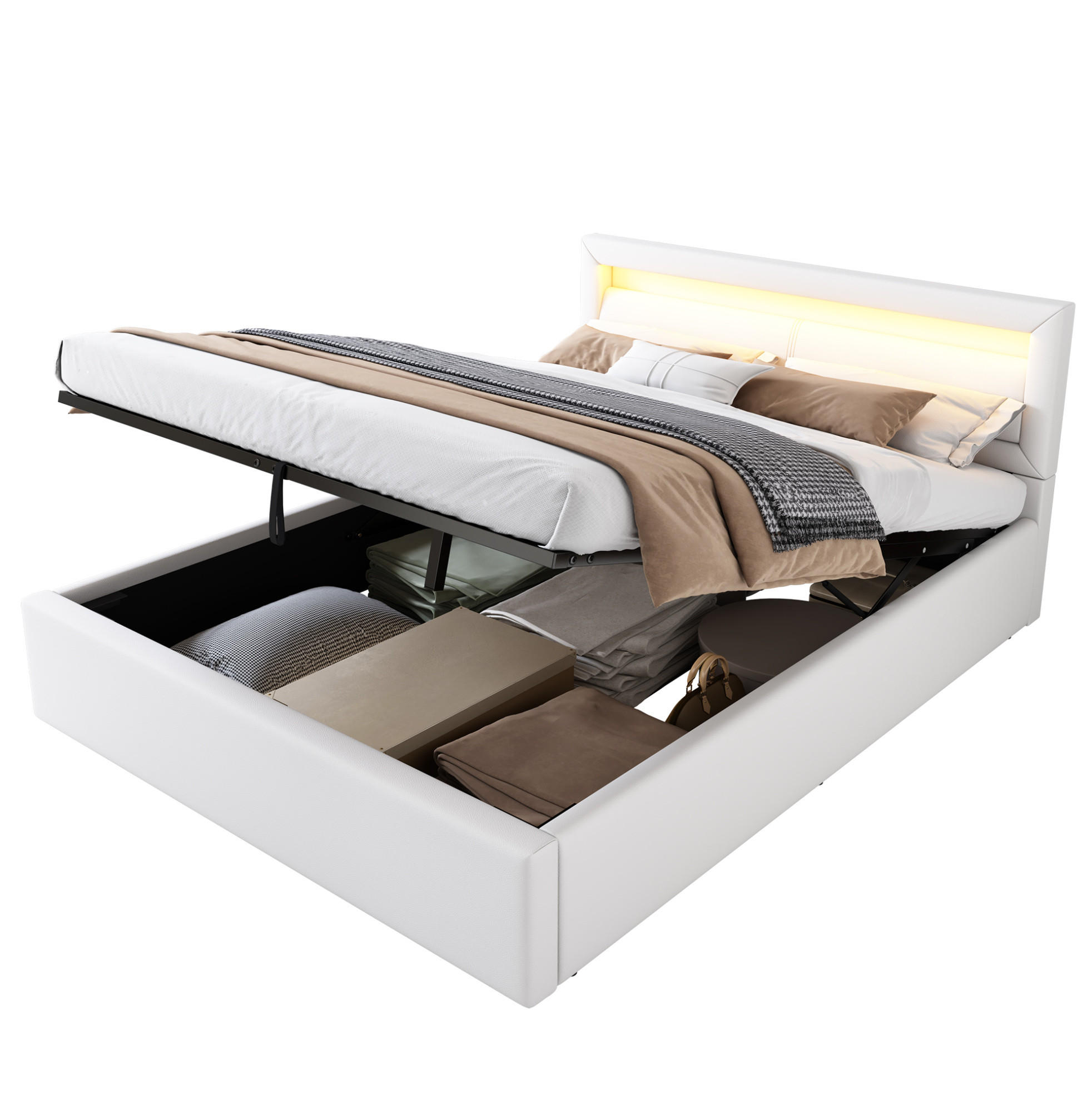 POLSTERBETT 140/200 cm Weiß aus PU mit LED-Beleuchtung und Bettkasten - Weiß, Kunststoff (140/200cm) - OKMYHOME