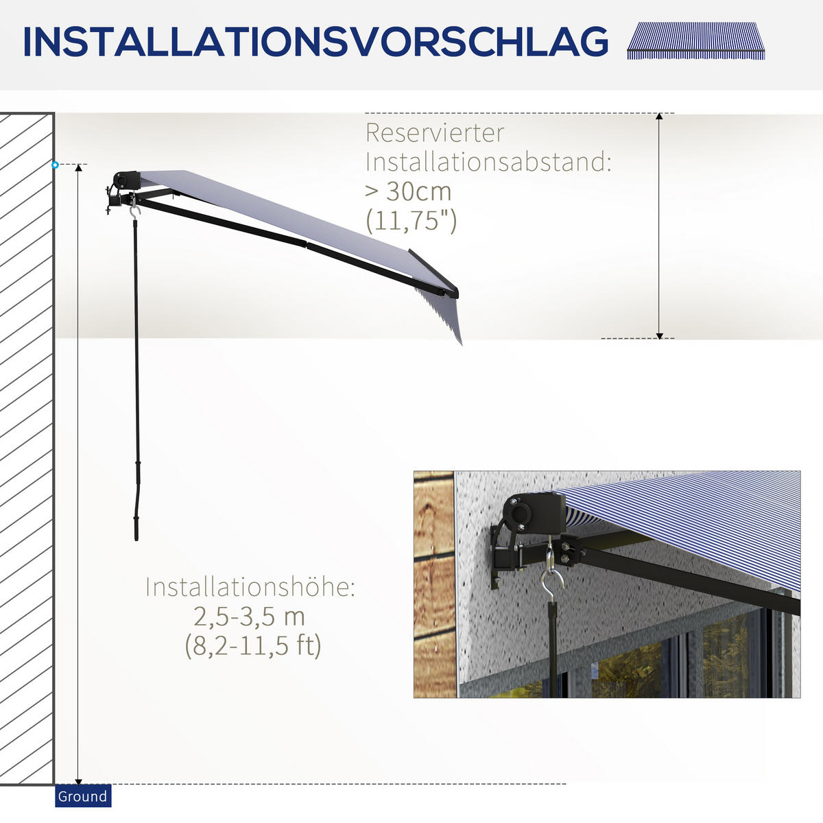 MARKISE, Grau+Weiß, Polyesterstoff, Aluminium - Blau, Metall (247/1/295cm) - Outsunny