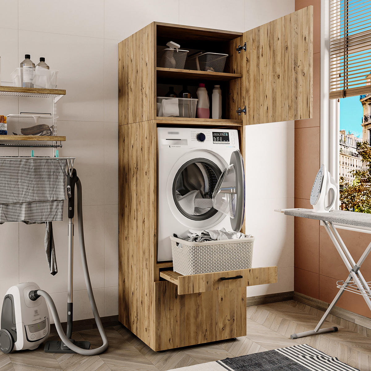 WASCHMASCHINENSCHRANK Serie 2 67cm Breit, 205cm Hoch - Eichefarben, Holzwerkstoff (67/205/67cm)
