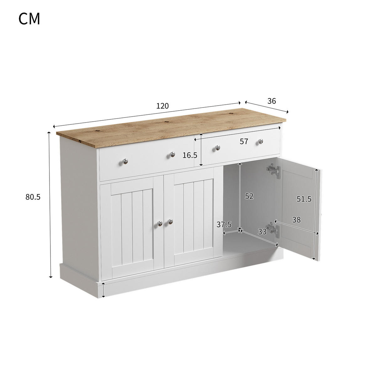 SIDEBOARD 120/36/80,5 cm mit 3 Türen & 2 Schubladen in Weiß und Holzdekor - Weiß, Holzwerkstoff (120/80.5/36cm) - BEAOK