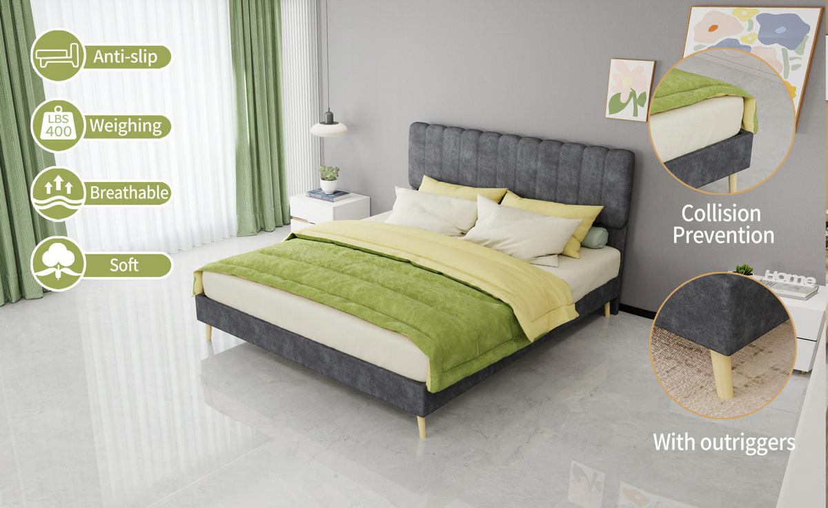 POLSTERBETT 160/200 cm mit hohem Kopfteil und Matratze, Samtoptik Metall/Holz, Grau - Grau, Textil (160/200cm) - Redom