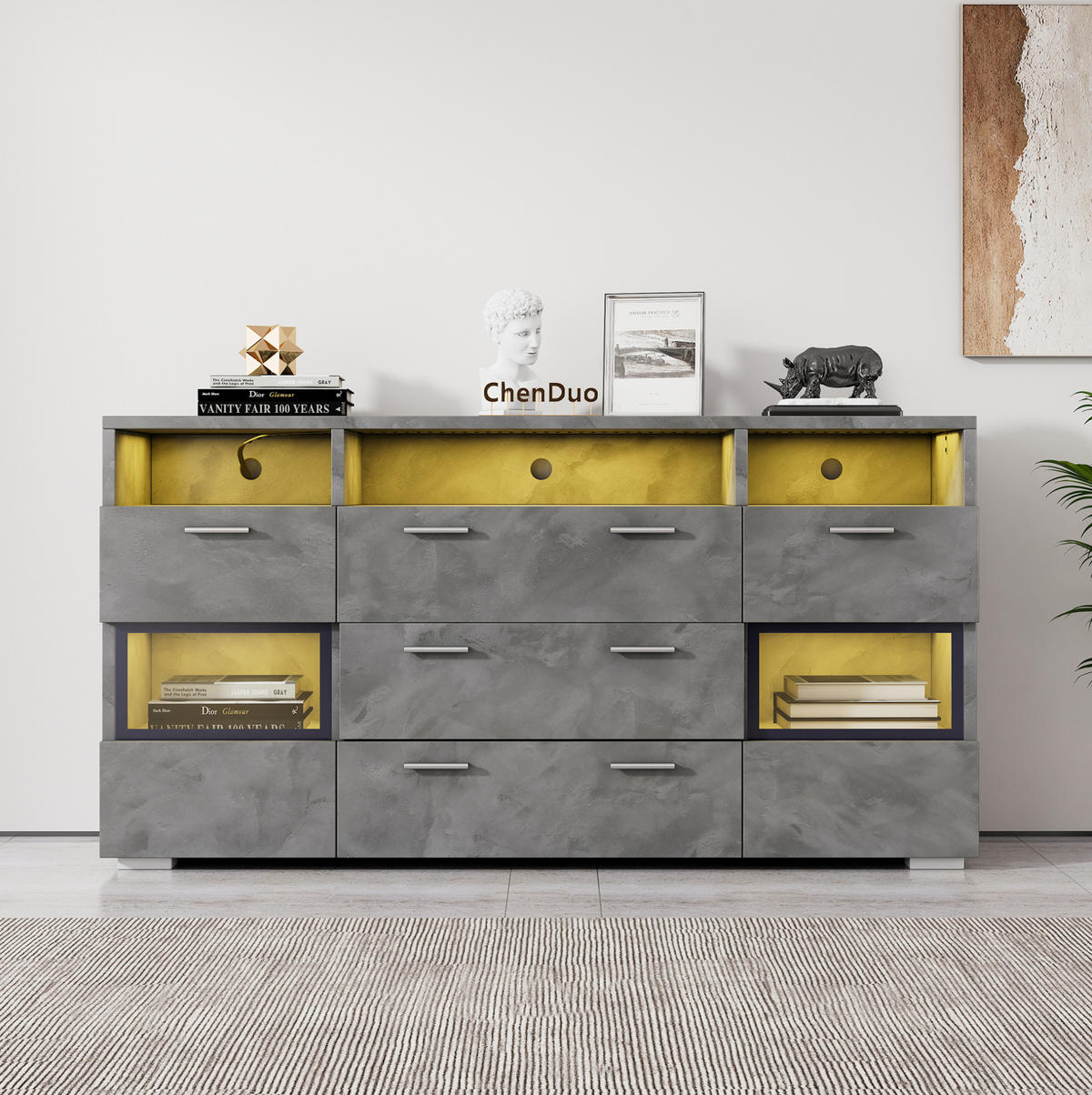 SIDEBOARD aus Spanplatte 140x33,5x72,5 cm Grau mit LED-Beleuchtung, Acryltüren und Stauraum - Grau, Holzwerkstoff (140/72.5/33.5cm) - IVMEU