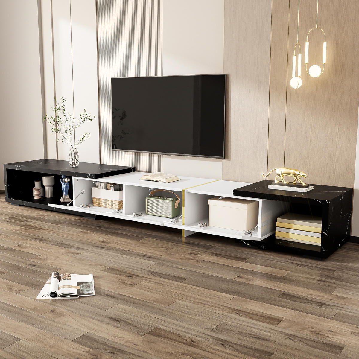 TV-SCHRANK Lowboard 140-260 cm drehbar schwarz weiß - Schwarz, Holz (260/30/40cm) - LEBENLANG