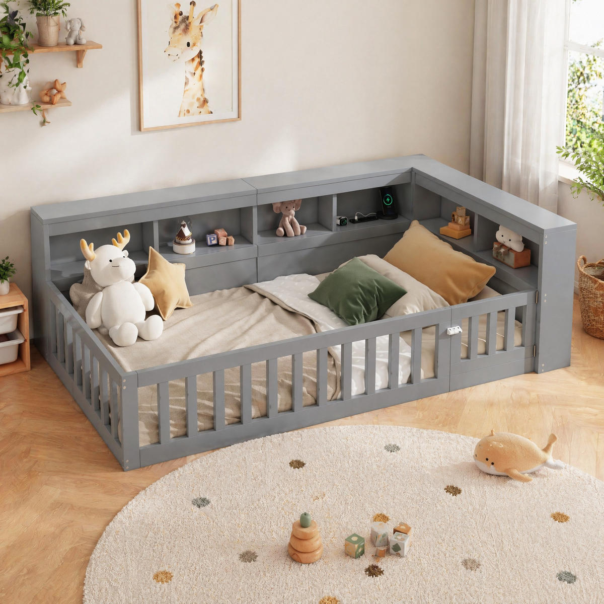 BETT 90/200 mit Stauraum, Steckdose und USB in Grau - Grau, Holzwerkstoff (90/200cm) - EVRYAE