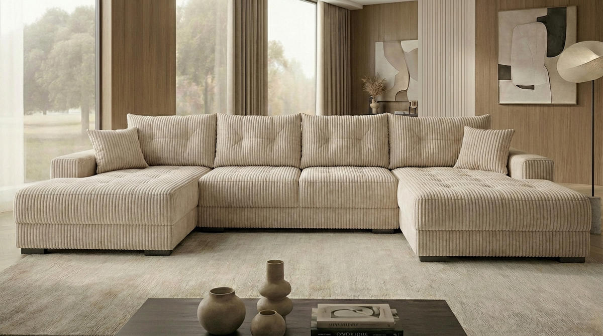 ECKSOFA MODENA 320 cm x 185 cm – Stoff: ZOOM 02 Farbe: Beige - Beige, Textil (320/185cm) - A&J MöbelLand