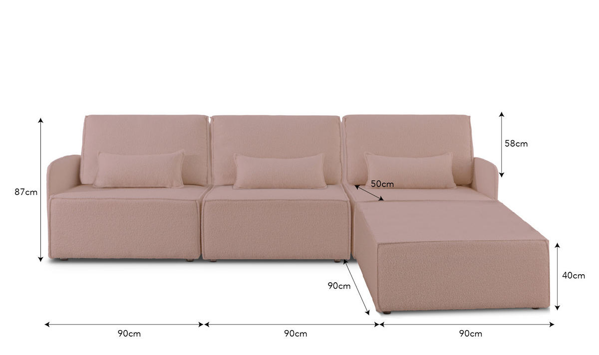 3-SITZER-SOFA Chaiselongue bezogen Bouclé und Kiefernholz Hellrosa LEA - Pink, Textil (278/87/90cm) - RNT By Really Nice Things