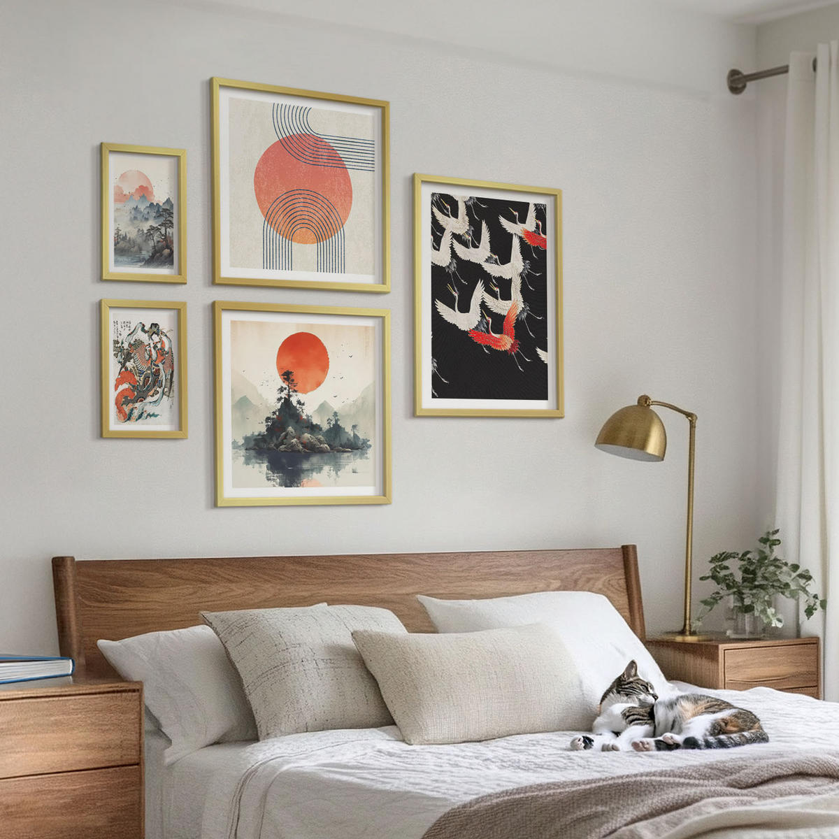 WANDBILDER 5er Set - 50x50 cm & 20x30 cm & 40x60 cm Goldrahmen - Asiatische Landschaften Japandi - Goldfarben, Kunststoff (40/60cm) - ArtPrintCave