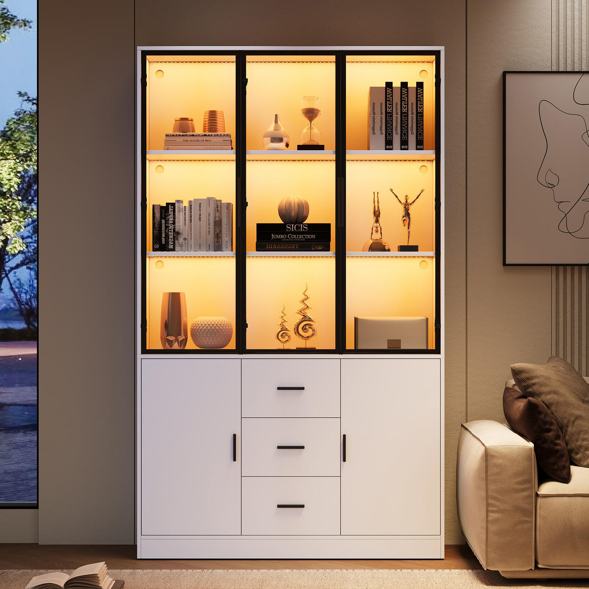 VITRINE 120x30x200 cm Weiß mit LED und 3 Schubladen - Weiß, Holzwerkstoff (120/200/30cm) - FLIEKS