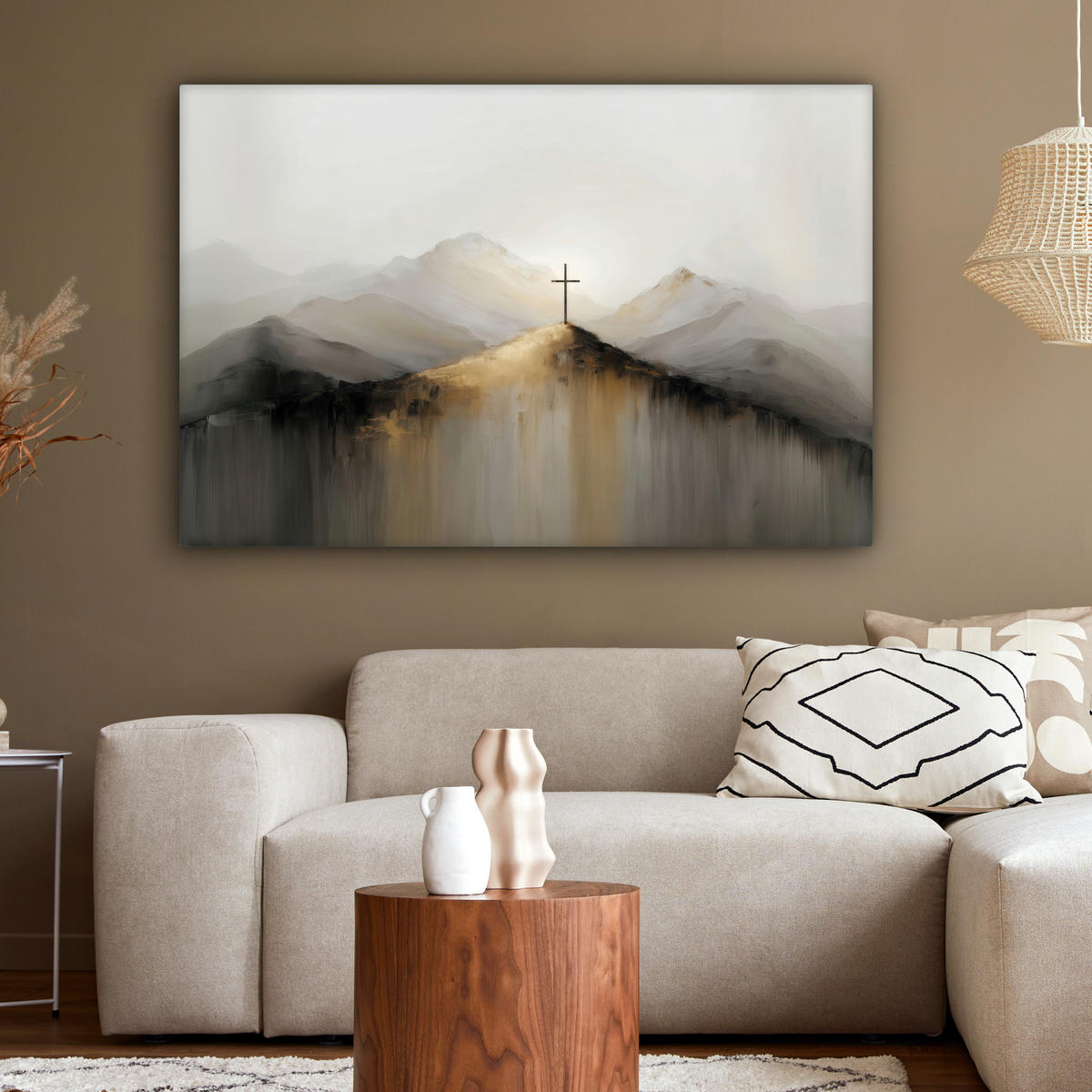 LEINWANDBILD Hügel - Abstrakt - Kreuz - Christentum Groß 140x90 cm - Beige, Textil (140/90cm) - MuchoWow