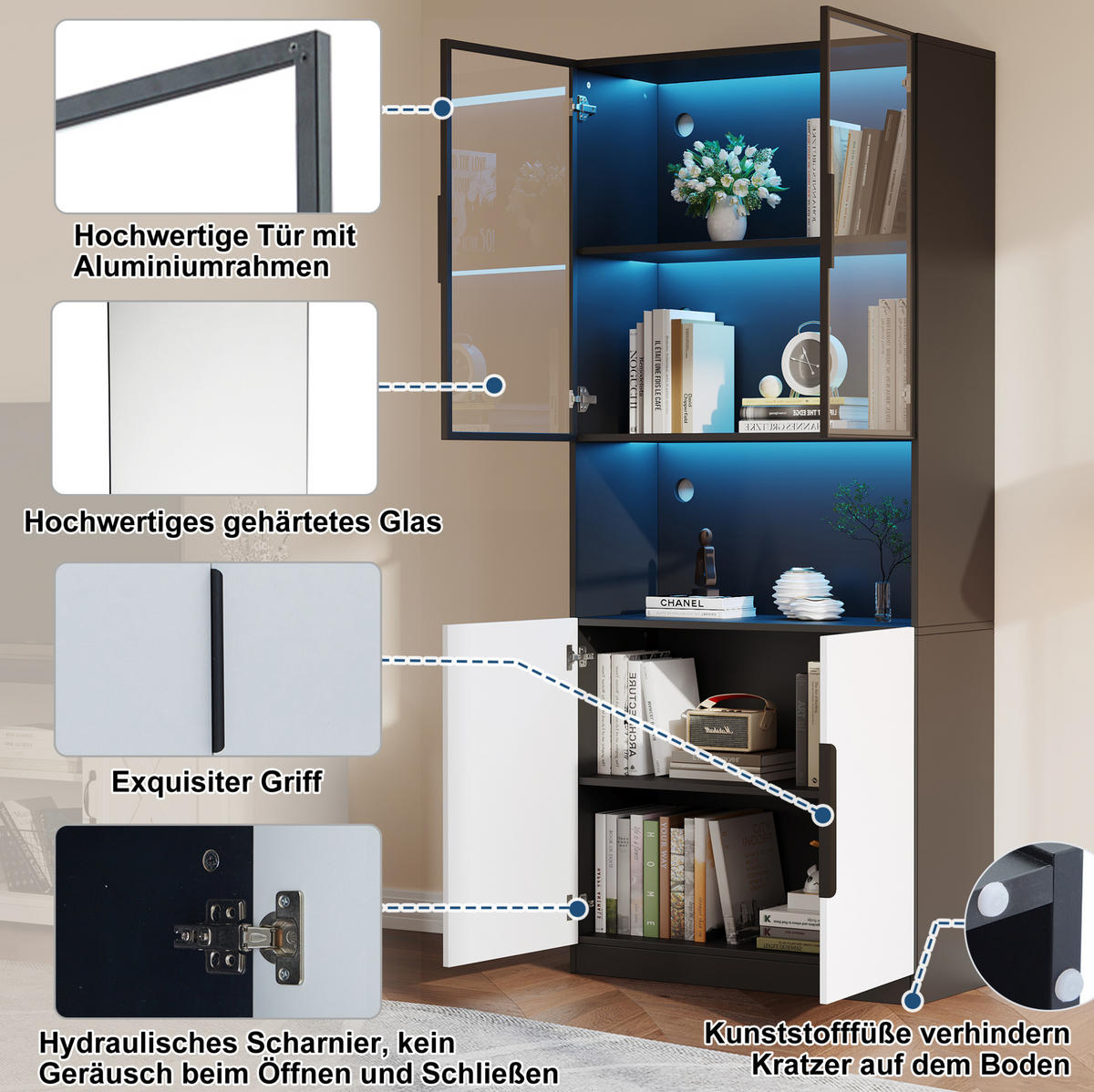 VITRINA 80/30/200 cm bijela/crna s LED osvjetljenjem i staklenim vratima - bijela, drvni materijal (80/200/30cm) - BEAOK