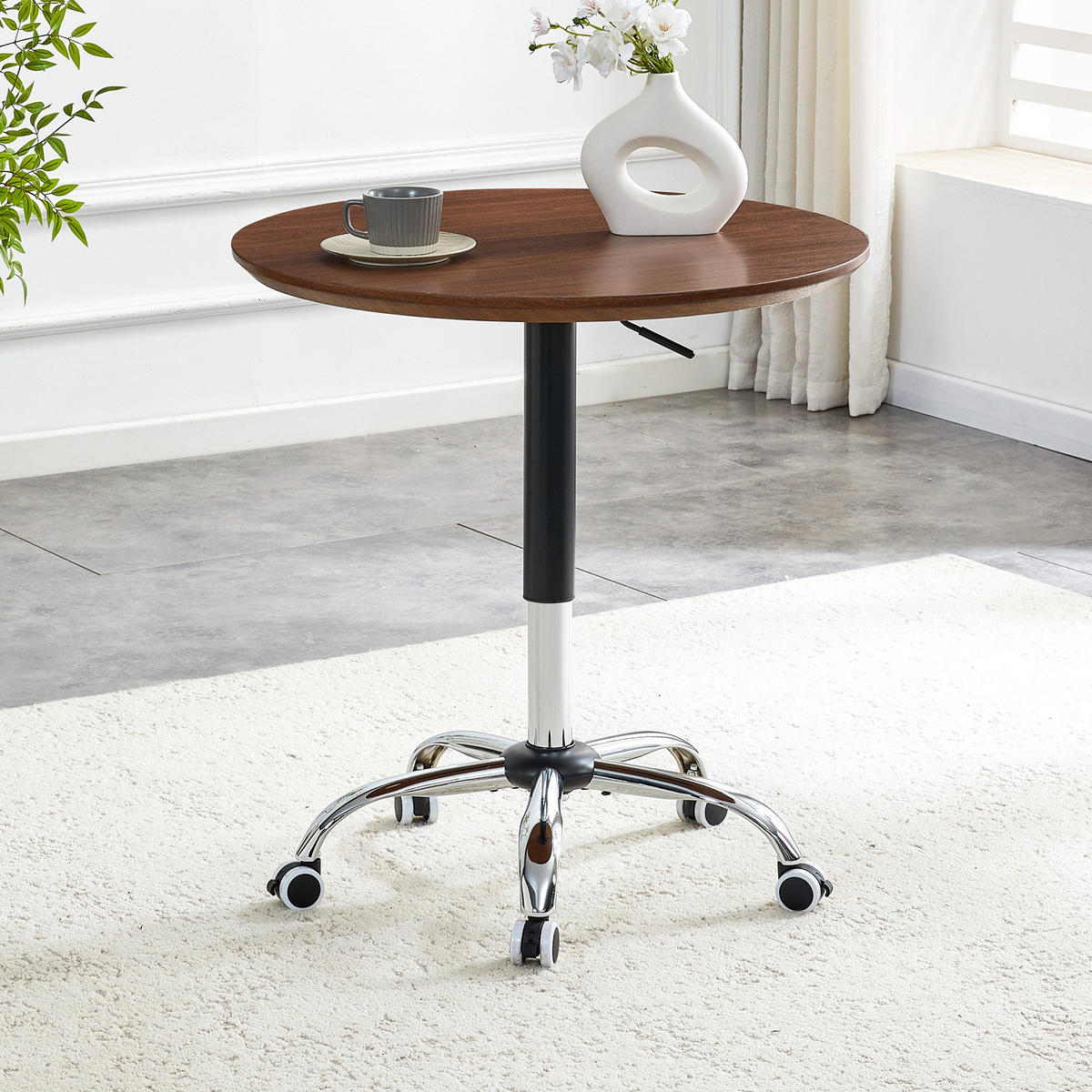 BEISTELLTISCH DE-37379 rund höhenverstellbar mit Rollen Nussbaum - Walnussfarben, Metall (70/70/98cm) - ComfortXL