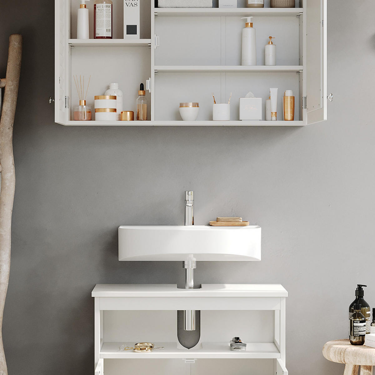 BADMÖBEL-SET Riad Weiß 2 Teile, Unterschrank mit Zwischenablage - Weiß, Holzwerkstoff (60/60/30cm) - Vicco