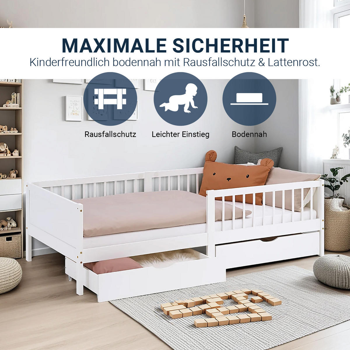 KINDERBETT Weiß 90/200 2 Bettkästen Rausfallschutz - Weiß, Holz (90/200cm) - Homestyle4u
