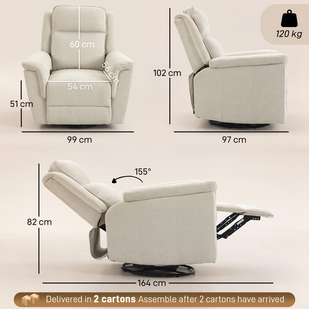 RELAXSESSEL Polyester Cremeweiß - Creme, Textil/Metall (97/102/99cm) - HOMCOM