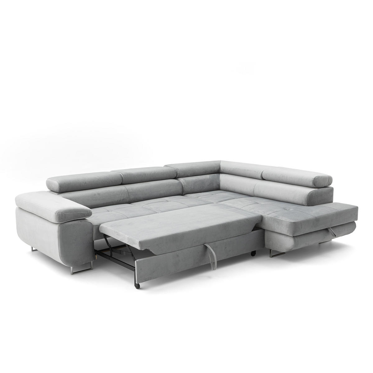 ECKSOFA WILD L Rechts mit Schlaffunktion 127x195 Velours Hellgrau - Chromfarben/Hellgrau, Holz/Textil (274/203cm) - Muffo