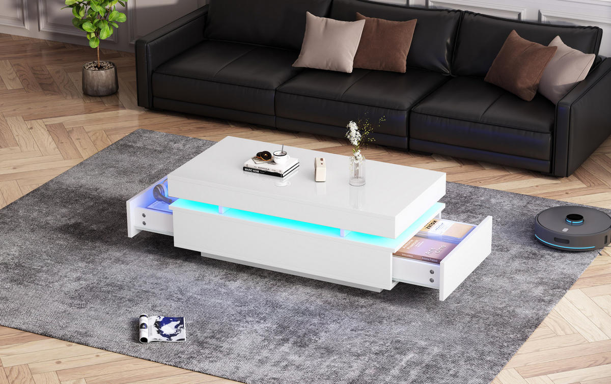 COUCHTISCH aus Spanplatte 100x50x35 cm Weiß Hochglanz mit 2 Schubladen und LED-Beleuchtung - Weiß, Holzwerkstoff (100/50/35cm) - IVMEU