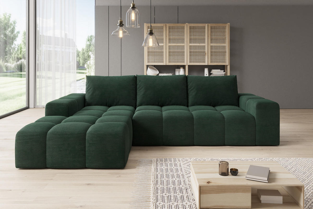ECKSOFA Cento, L-Form, Ottomane Links, Cordstoff, 285x56x180 cm, Grün - Grün, Holz (180/285cm) - PROMETO Möbel