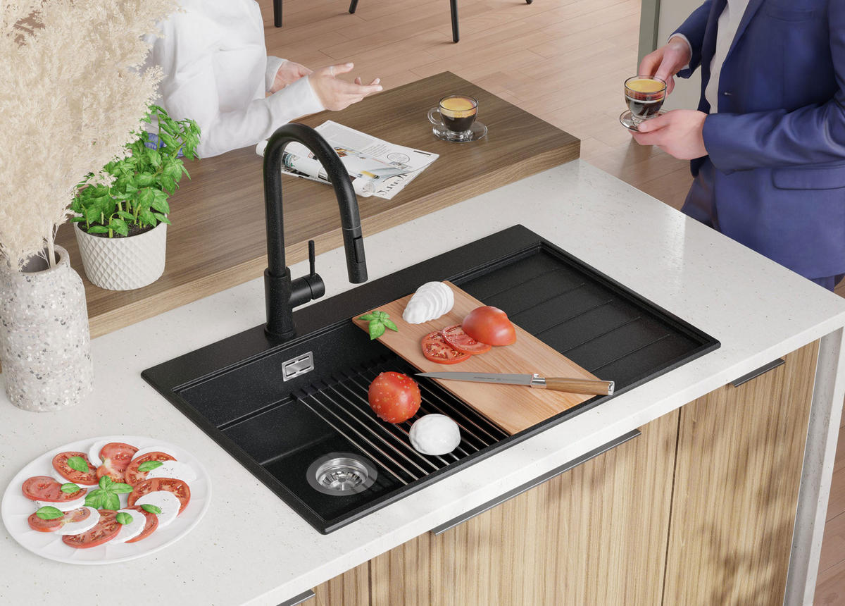 SPÜLBECKEN Sydney, 2-er set Anthrazit 78/50 cm 1 Becken + Ablauf-Set + Küchenzubehörset ab 50er Unterschrank - Chromfarben/Anthrazit, Kunststoff (78/20/50cm) - Primagran