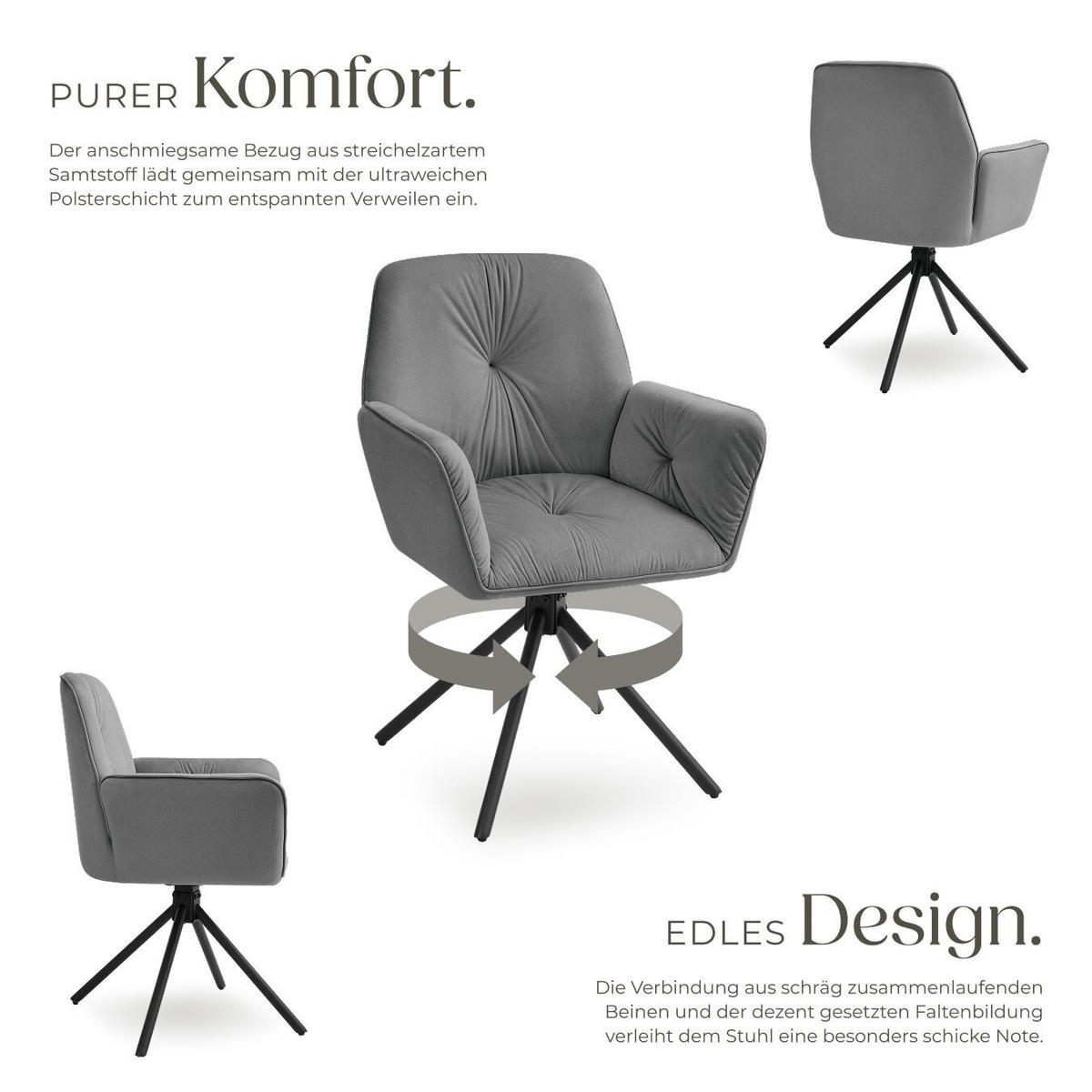 ARMLEHNSTUHL Drehbar Lenia,56,5 x 54 x 86 cm,Samtoptik anthrazit/schwarz - Anthrazit/Schwarz, Kunststoff (56.5/86/54cm) - tectake
