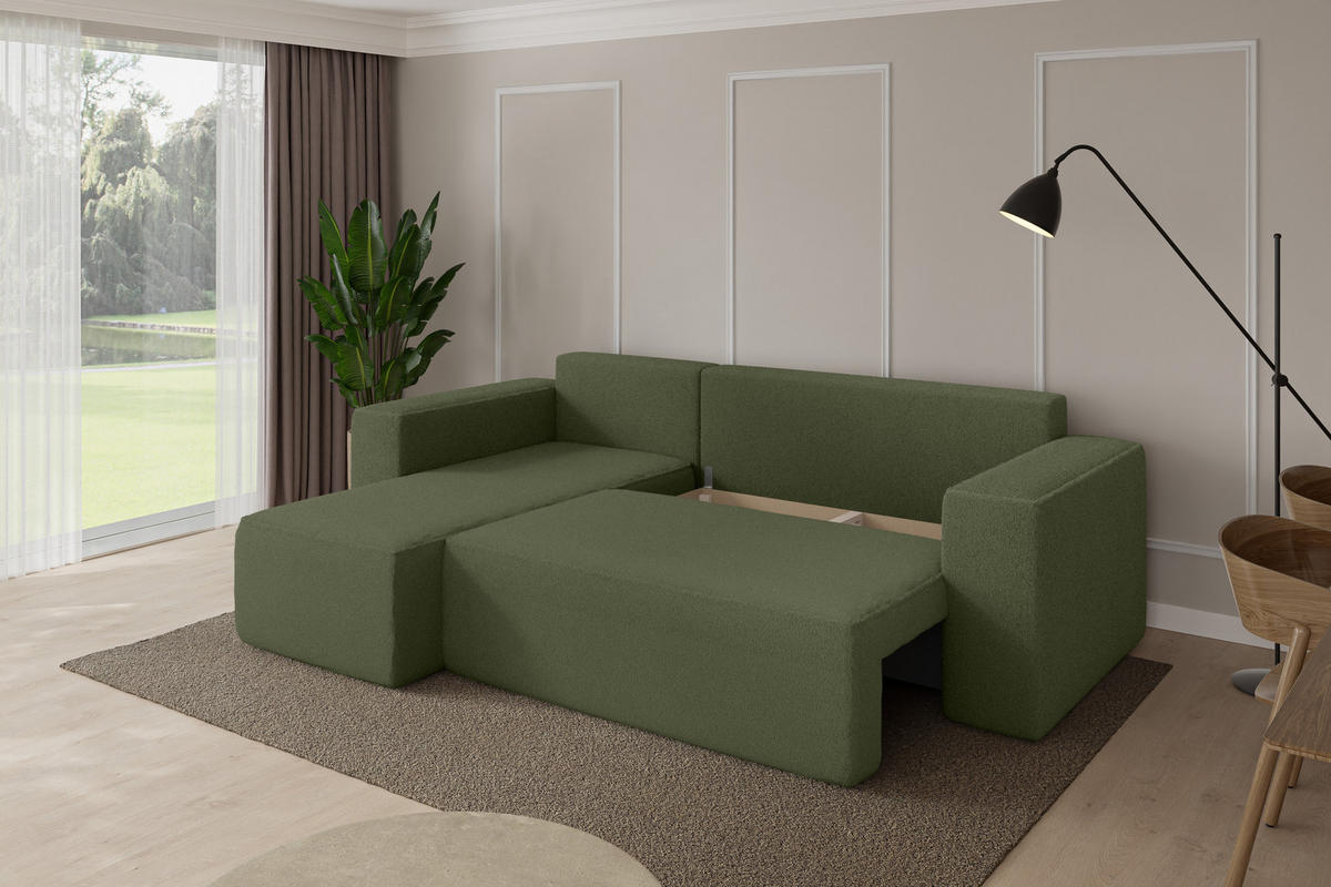 ROHOVÁ SEDAČKA s funkcí spaní, otoman vlevo SENO-L 249x139x85 zelená bouclé - černá/zelená barva, kompozitní dřevo/textil (249/139cm) - ALTDECOR