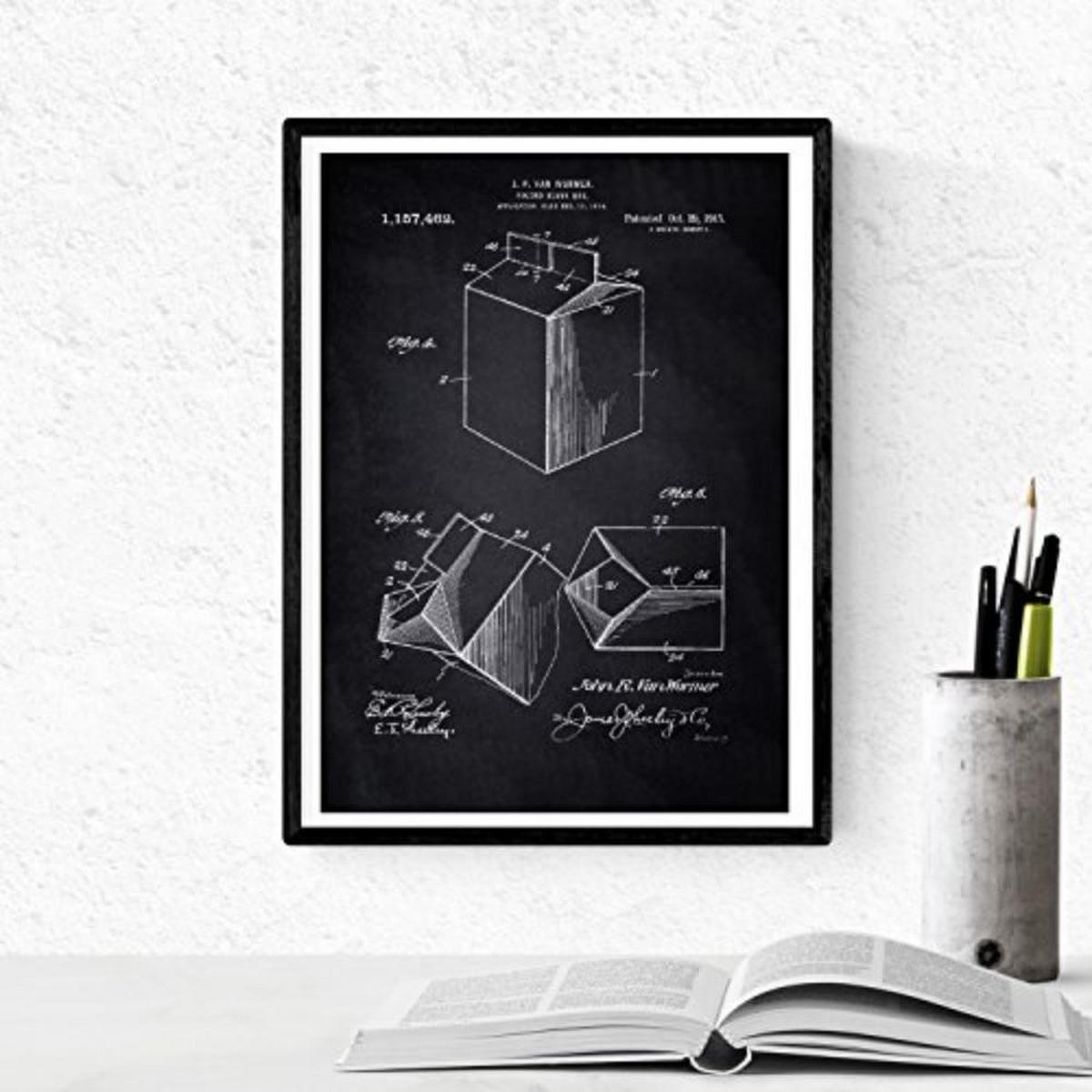 POSTER Set mit 4 Schwarz PATENTEN von Lebensmitteln A4 Schwarzer Rahmen - Schwarz, Papier (29.7/3cm) - Nacnic