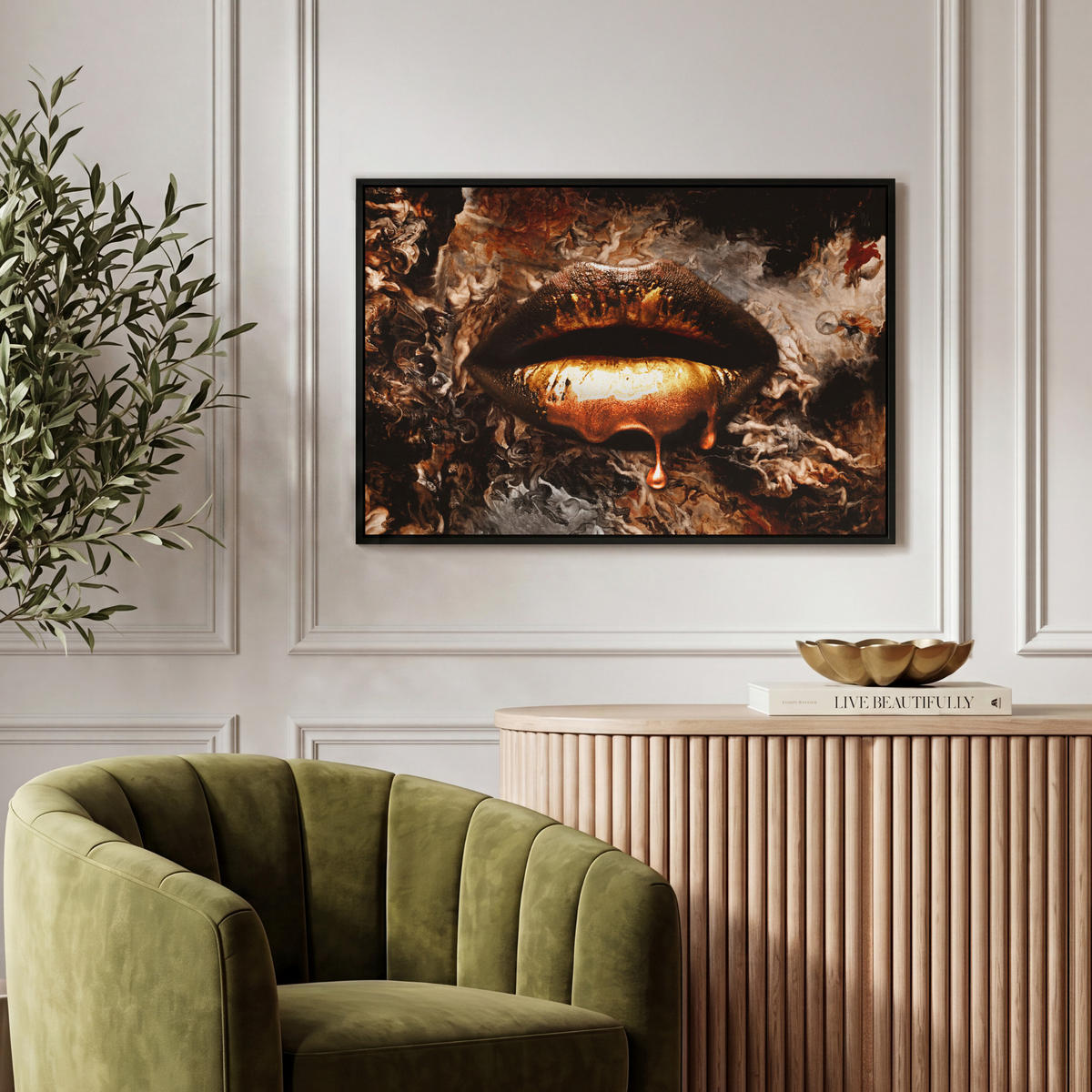 LEINWAND Bilder mit Rahmen - Gold - Lippen - Kunst - Gold - Luxus - Abstrakt - 60x40 - Kupferfarben, Textil (60/40cm) - MuchoWow