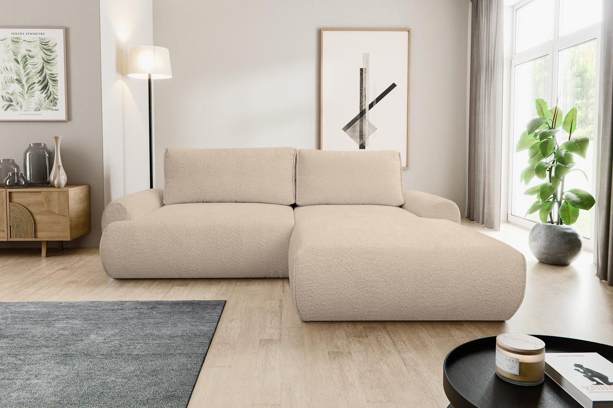 ECKSOFA Moon in L-Form mit Schlaffunktion und Bettkasten, Farbe: Hellbraun, Bouclé-Stoff, Ottomane Rechts - Hellbraun, Textil (260/136cm) - VENASI MÖBEL