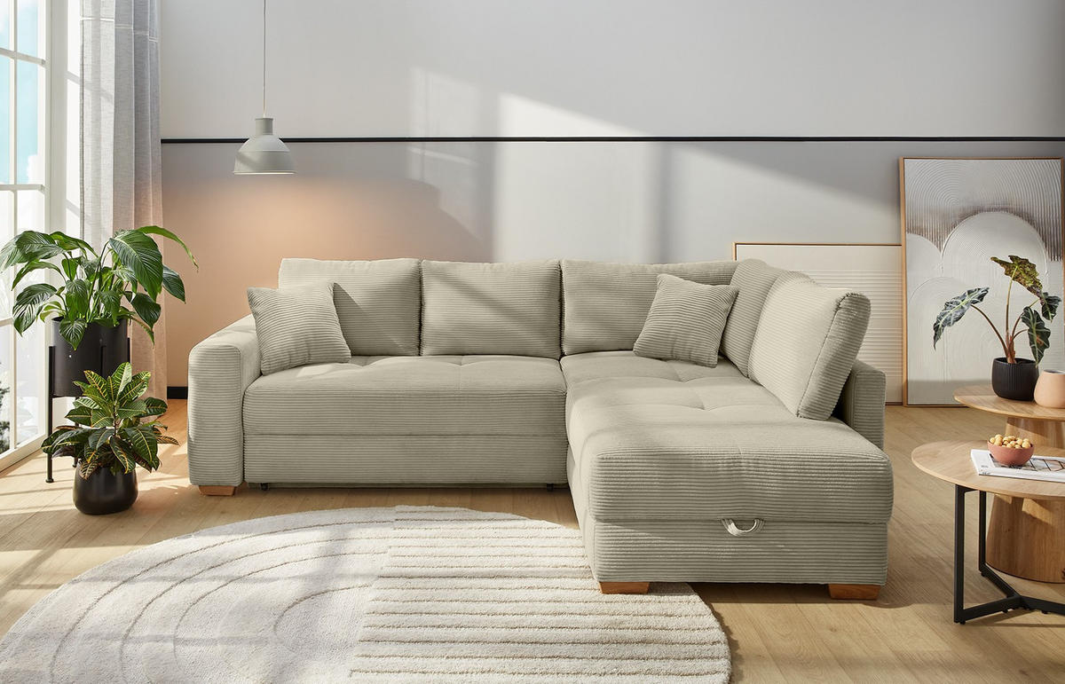 ECKSOFA-DAUERSCHLÄFER Boxspring Federkern Topper Bettkasten, seitenverkehrt montierbar B257/T206/H85 cm, Cord Beige Grau / 15212 - Greige/Eichefarben, Holz/Textil (257/206cm) - luma-home