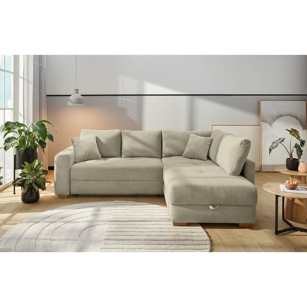Thumbnail - luma-home Ecksofa-Dauerschläfer, Greige, Textil, 4-Sitzer, Füllung: Polyurethan (Pur), Ottomane links, L-Form, seitenver...