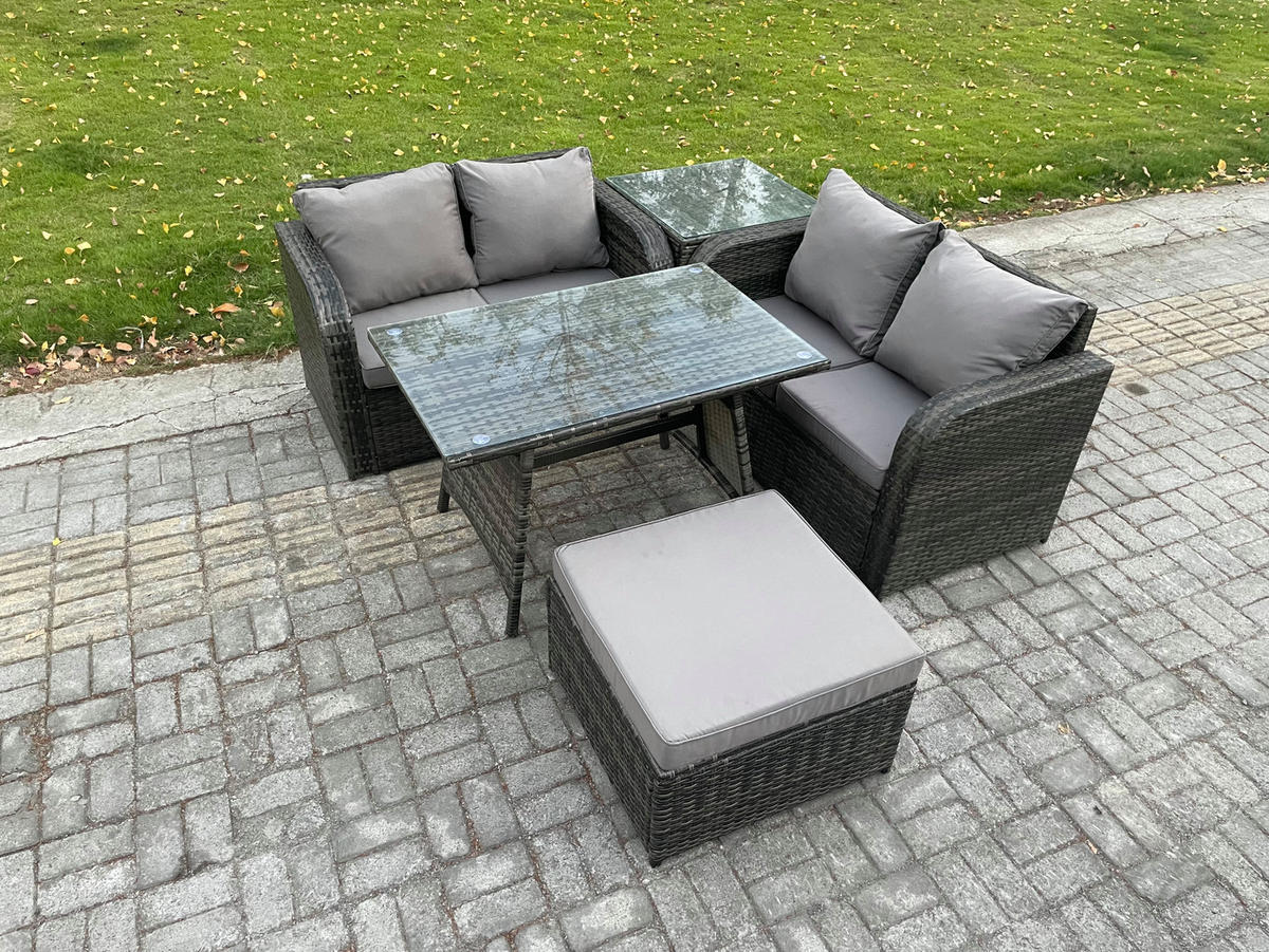 BALKONSET mit ESSTISCH SOFA Polyrattan Dunkelgrau 5-Sitzer - Dunkelgrau/Grau, Glas/Kunststoff - Fimous