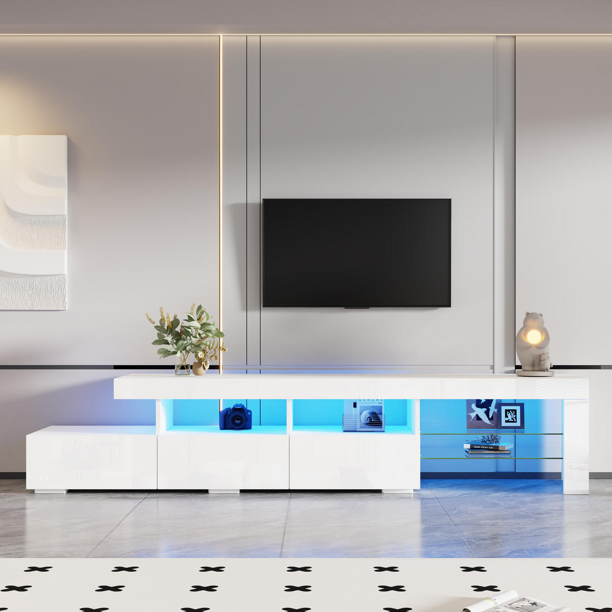 LOWBOARD in Weiß mit LED-Beleuchtung und Schubladen für Wohnzimmer, B180/T35/H45 cm - Weiß, Glas/Holzwerkstoff (180/45/35cm) - STILVORA