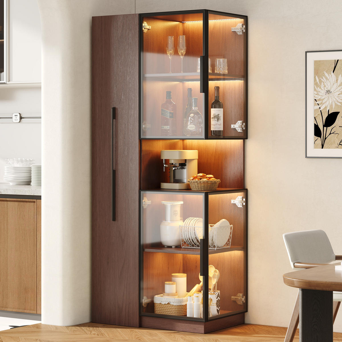 VITRINE 70/38/160 cm aus MDF und Glas mit LED-Beleuchtung und ausziehbaren Seitenregalen Walnussfarben - Walnussfarben, Holzwerkstoff (70/160/38cm) - Modenvie