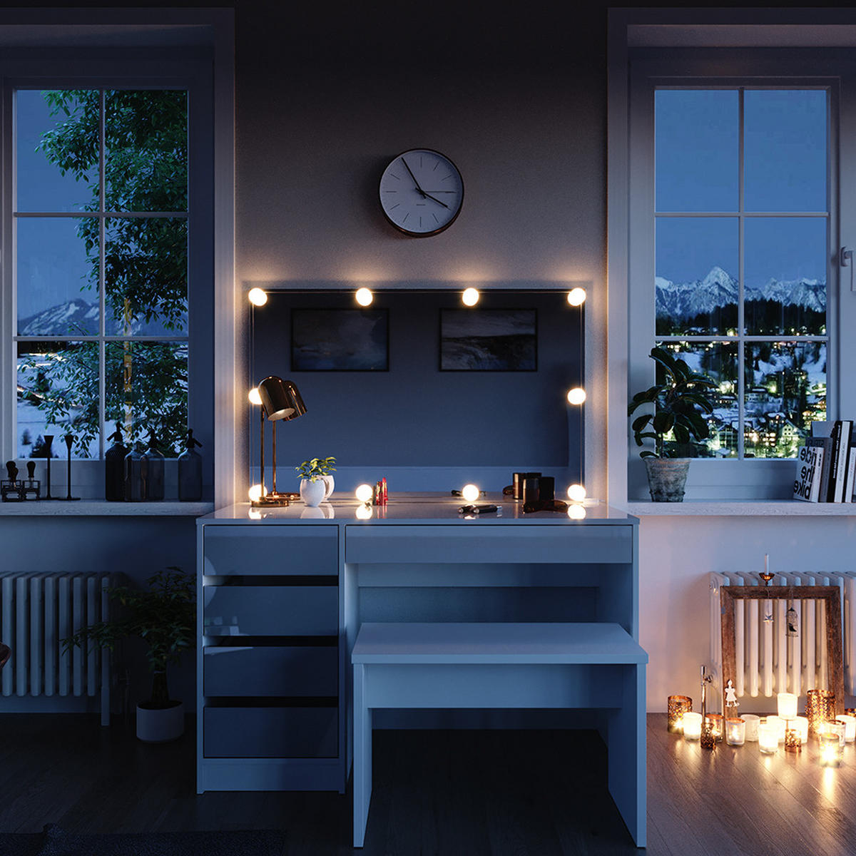 SCHMINKTISCH Sherry Weiß 120 cm mit LED Beleuchtung und Bank - Weiß, Holzwerkstoff (55/75/120cm) - Vicco