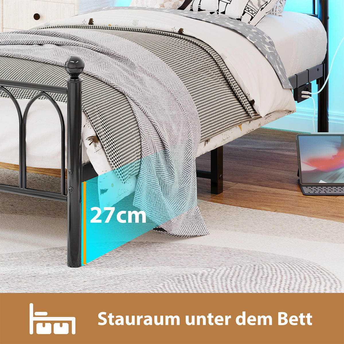 METALLBETT 90x200 cm LED USB Vintage schwarz - Schwarz, Holzwerkstoff (90/200cm) - LEBENLANG