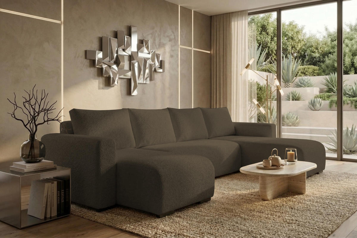 WOHNLANDSCHAFT DORA U mit Bettkasten und Schlaffunktion, U-Form, bequem - Dunkelbraun, Textil (305/85/140cm) - Storez24