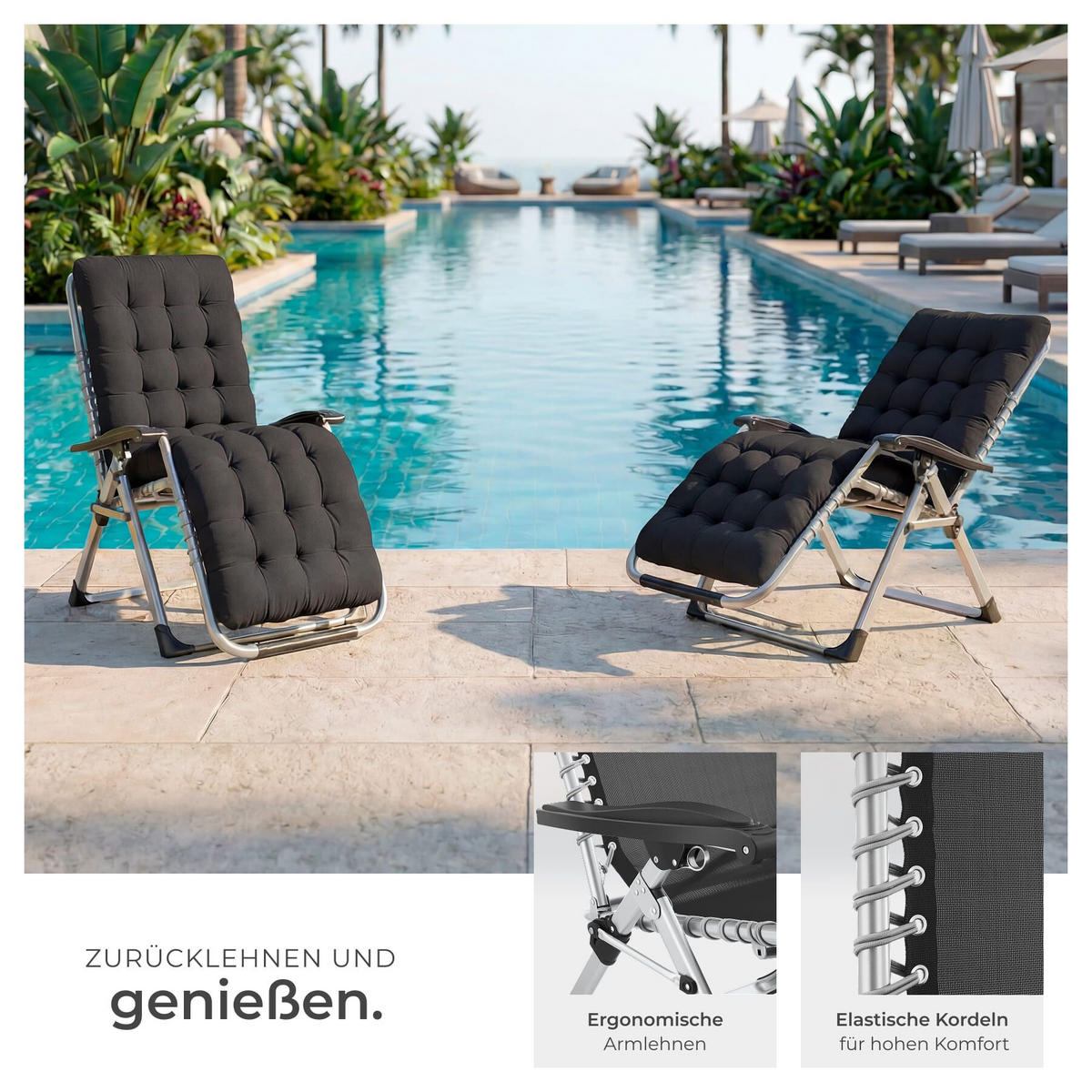 SONNENLIEGE 2er Set Cloud, 84 x 168 x 82,5 cm, mit Ablagetisch, schwarz - Schwarz, Kunststoff (84/103/113cm) - tectake