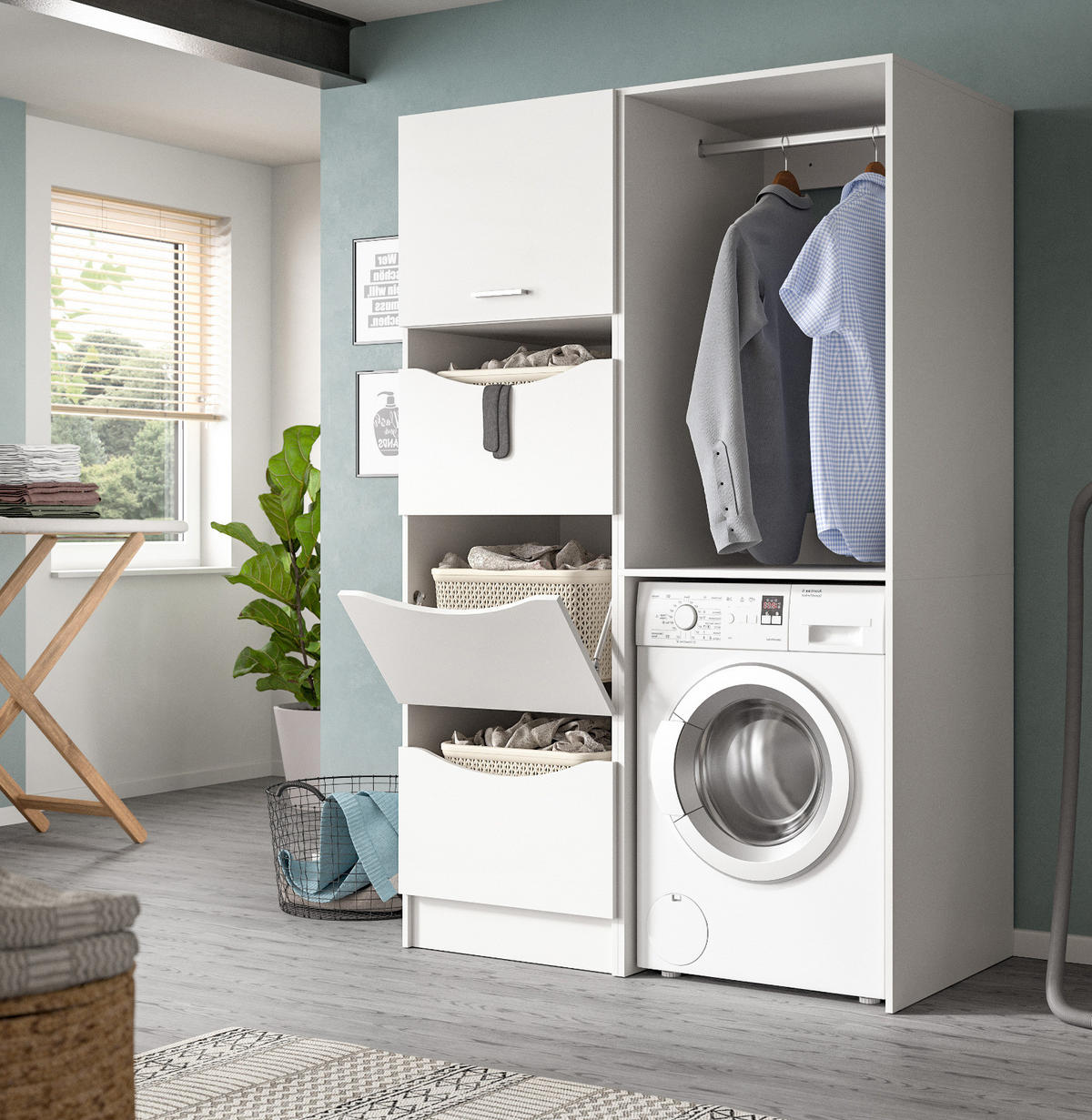 WASCHMASCHINENSCHRANK weiß Set 2-teilig 126 cm, Waschmaschinenumbau mit viel Stauraum - Silberfarben/Weiß, Glas/Holzwerkstoff (126/196/68cm) - Inn.Furn