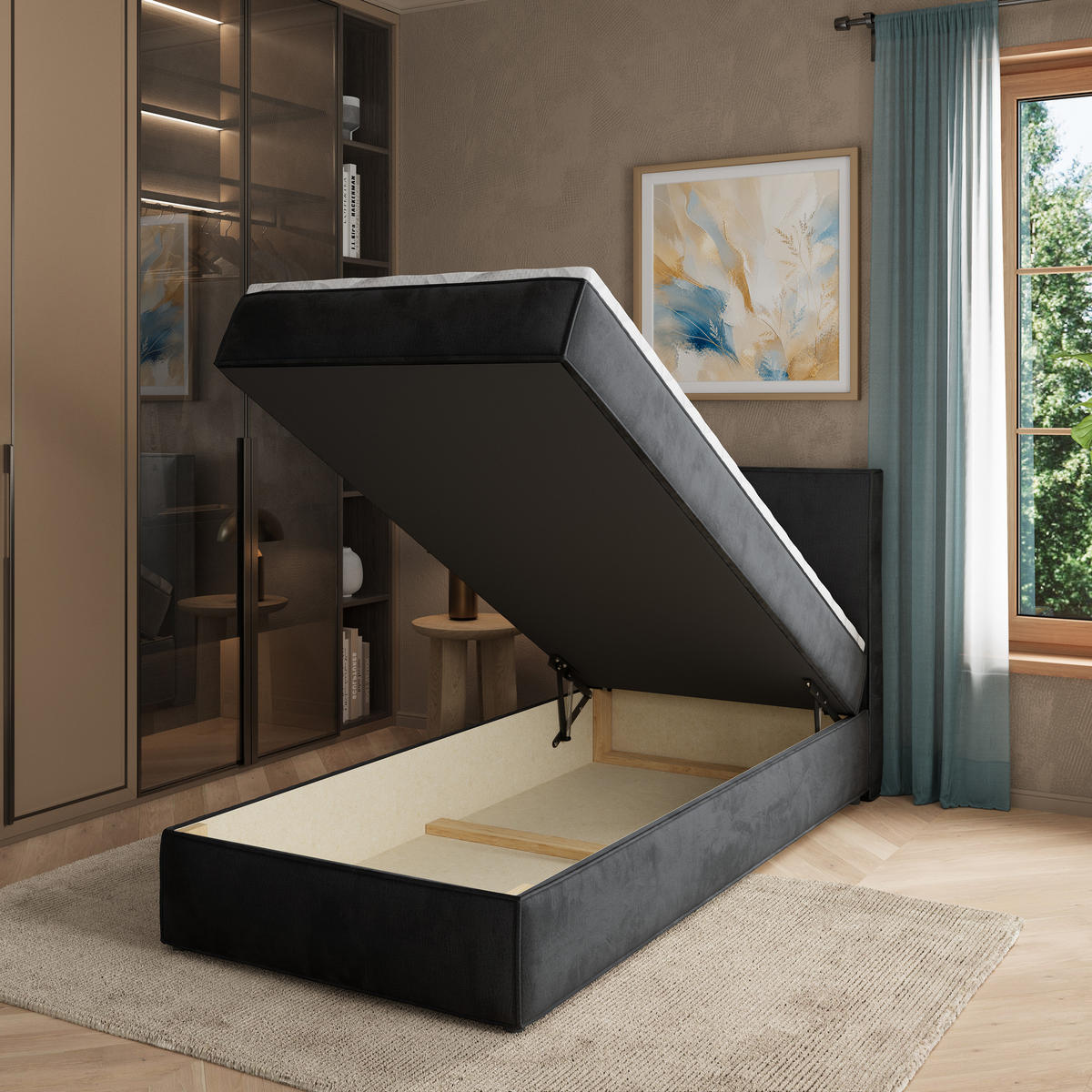 BOXBETT PELLIO 90x200 cm mit Matratze und Topper - Schwarz - Schwarz, Holz (90/200cm) - MASSENO
