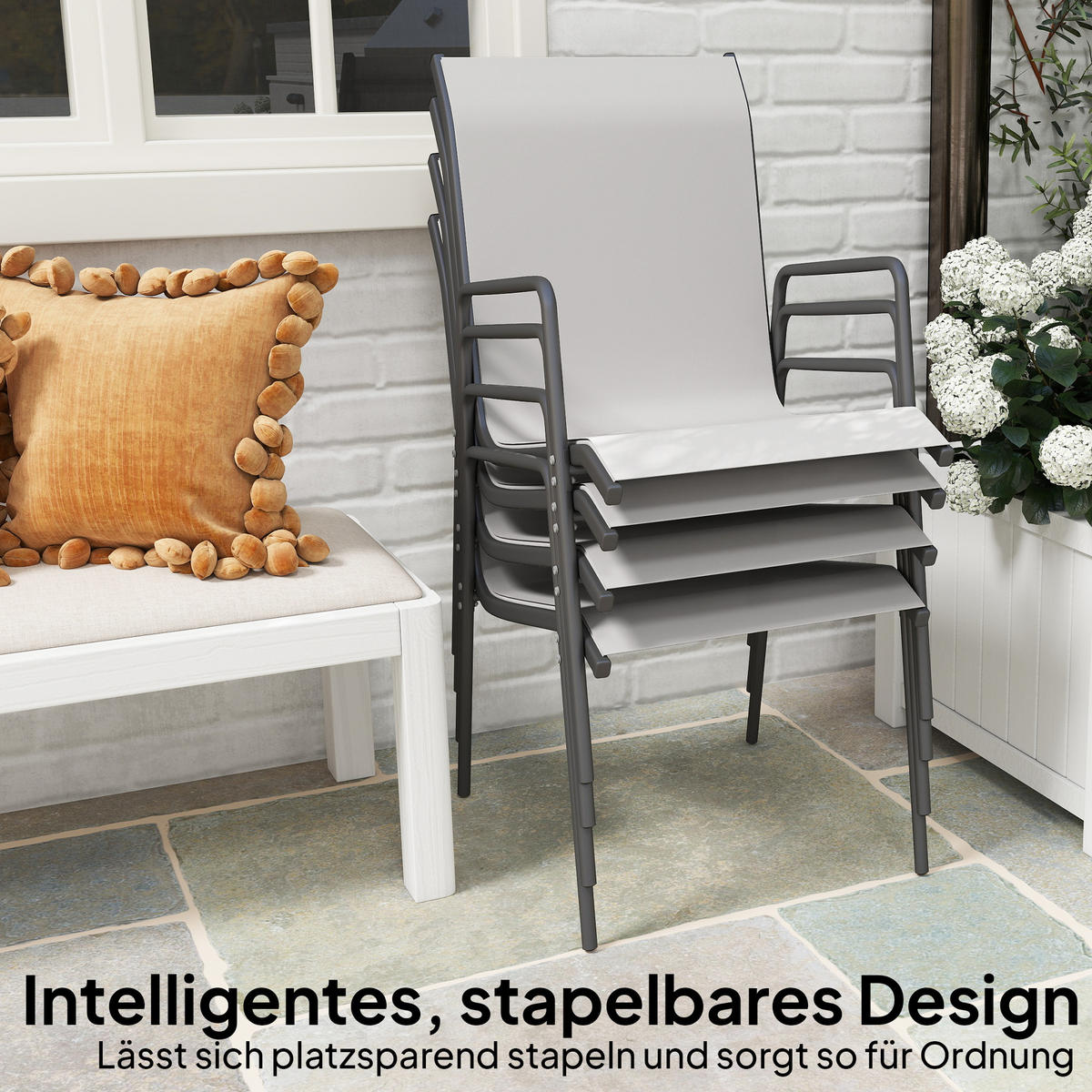 GARTENSTÜHLE 4er Set Metall Netzstoff Hellgrau - Dunkelgrau/Hellgrau, Textil/Metall (51/87/69cm) - Outsunny