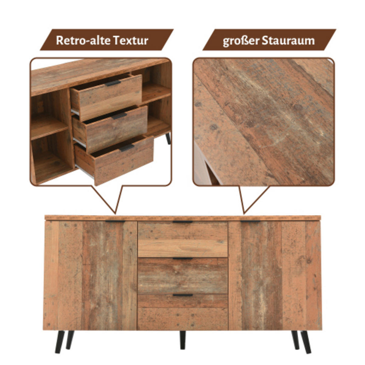 SIDEBOARD aus Spanplatte mit verstellbaren Regalen und großem Stauraum 140 × 35 × 70 cm - Braun, Holzwerkstoff (140/70/35cm) - Luhomfu